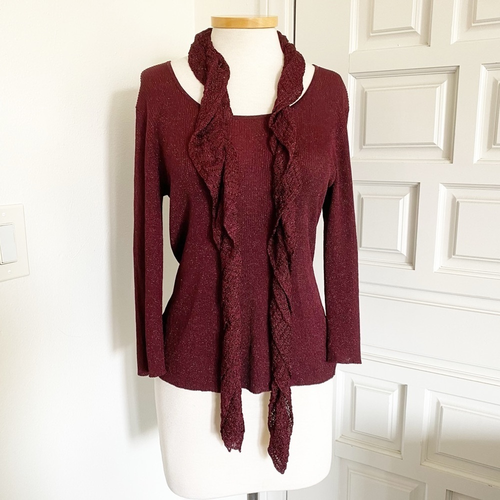 Coldwater Creek Sweater & Scarf Maroon Red Metallic Sparkly Ribbed Holiday Med